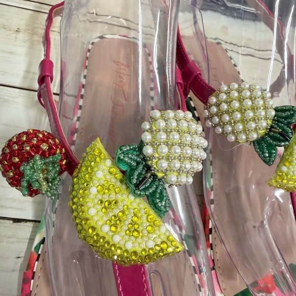 Betsey Johnson Aniston Sandals Womens 8.5 Pink Fruit Beaded Charms Thong Flat - Picture 11 of 13